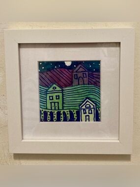 Framed Original Watercolor Art “Folk Art Nightscape” Size 7”x7”
